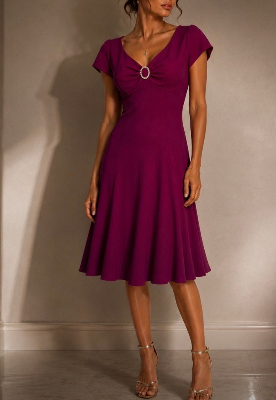 Vintage Evan Picone babydoll Cocktail Dress Rhinestone broach Y2K Midi Dress S